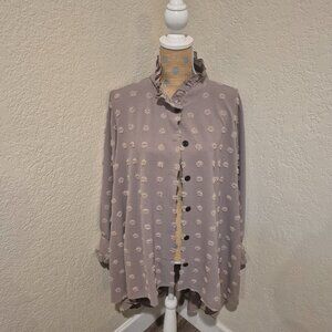 Sew Modest Lilac Swiss Dot Button Up High Low